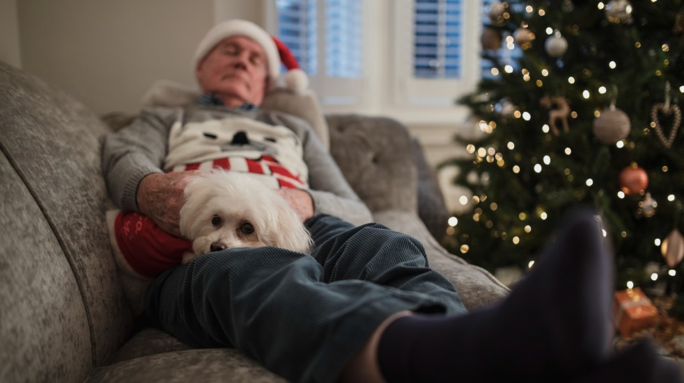 man napping on sofa at christmas